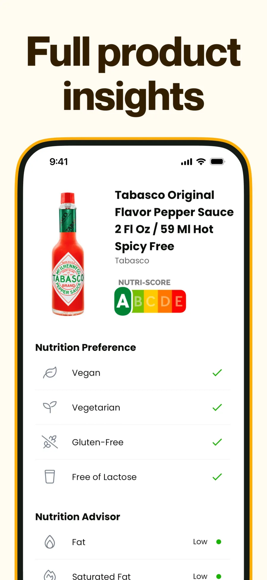 Labeless product page for a hot sauce with its Nutri-Score and checks for vegan, vegetarian, gluten-free and lactose-free