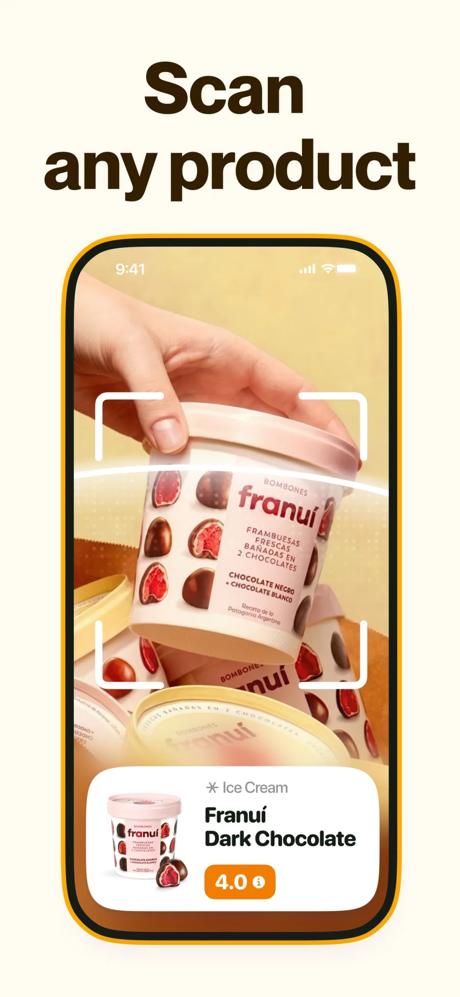 Labeless scanning a tub of ice cream with the camera and showing its score